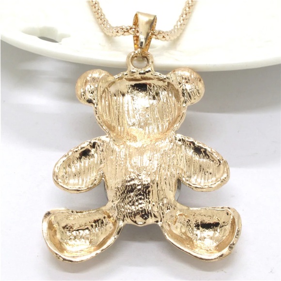 NWT.  Betsey Johnson Gold Blue Crystal Rhinestones Accents Bear Necklace - Picture 2 of 4